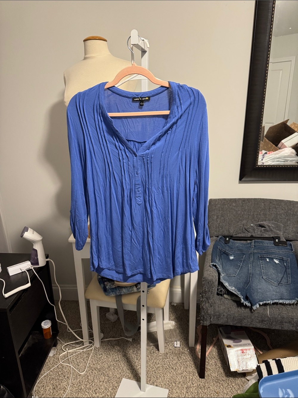 Cable & Gauge Royal Blue Button-Front V-Neck Blouse
